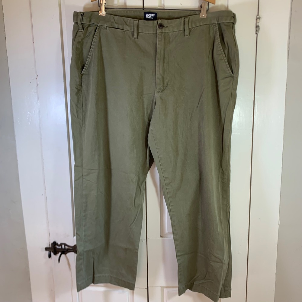 Lands End Mens 42 Traditional Fit Chino Pants Olive Green Stretch Cotton Twill